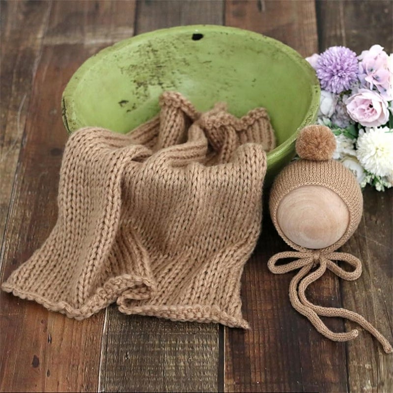 Camel Baby Photography Outfit Set With Hat Wrap Basket Rug Newborn Photoshoot Props - Image 3